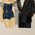 Faceless woman wearing blue undergarment with sleeves pats the back of man to her left wearing a tuxedo. The man’s face and both bodies below the knees are cropped out of the composition.
