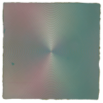 Square painting with concentric circles in green and pink radiating from center outwards creating moire pattern.