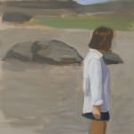 Woman in white shirt and blue shorts stands to the right side of the canvas, facing away from viewer towards rocks and fields in the distance.