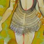 Detail of bare back with feathery dress and hands with pink nails.