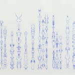Blue ink on paper which was folded in evenly spaced columns to create varying length stacks of intricate mirrored abstract organic forms