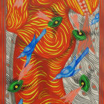 Background of gray eyes and wavy lines behind yellow and red beast with green floating eyes and blue birds flying diagonally. Surrounded by red striped arch.