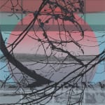 Multiple silkscreen layers of black gray red and blue paint form a constructed landscape of a heavily pixelated river bank that is framed by two vertical industrial structures. In the foreground are several black silhouettes of partially submerged trees and thin hanging branches the obscure the view of the river