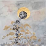 Mixed media landscape of a stack of various sized black and white marbled rocks which obscure the view of the gold moon floating in the sky behind it The top rock is circular and smaller than the moon and creates an effect similar to that of the eclipse Multiple gold and silver metallic pointillism clusters float around the stack