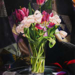 Highly detailed and realistic oil still life on panel of a bouquet of purple and pale pink tulips Along the stems of the tulips their leaves and on the curtain in the background multiple highly invasive Japanese Beetles can be seen crawling