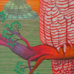 Detail; in the foreground, the owl perches on a multicolored tree branch sprouting bright green leaves. Green and beige horizontal lines create a flat plain separating the bird and tree from a mountain in the background.