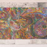 Large rectangular abstract colorful painting with unpainted border depicting scenes in graphite.