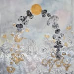 Mixed media landscape of two black and white marbled stone stacks that form a loose archway with the gold metallic moon at the upper center of the piece acting as the keystone. A black and white marble range is visible in the background while a lake of silver and gold pointillism liquid constitutes the bottom foreground