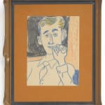 Crayon drawing of a blonde man holding a tobacco pipe to his lips; wood frame with burnt orange mat