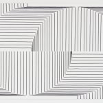 Horizontal and vertical straight black ink lines form a geometrical pattern of two voluminous semi circles