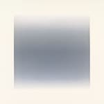 Thin horizontal lines are painted in gradient hues from white to gray-blue and back to white again, creating a square color field. The gradient effect is created from the overlapping of the horizontal lines.