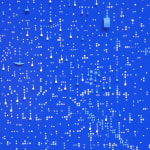 Detail; minuscule cut-outs of white paper form organized clusters on a blue background. Several 3D cut-outs in the same blue as the background are interspersed.