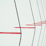 Detail; side view of 11 red pencils stuck into a white wall by their graphite tips, with black bowstrings stretched over the other end of each pencil.