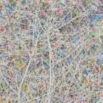 Against a bright and playful multicolored background, thin white lines cut across the canvas.