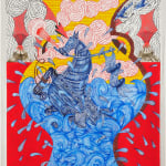 Red background with white scalloped clouds and mountains spewing red wavy lines. Yellow brick vessel is patterned with an ocean, a blue being that is part-horse, part-ship, and red and white clouds.