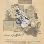 Sepia Pacific Telephone advertisement depicting man and woman in domestic setting with woman on phone. Greyscale man pasted in, affectionately intertwined with man and woman.