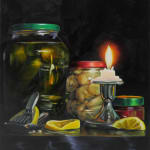 Still life of lit candle, three jars of different preserved vegetables, and three yellow lemon slices, one being juiced.