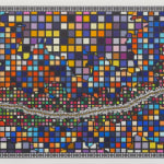 A grid of multi-colored squares surround a curved line of yellow dots that represent the mapped route of the protest march from Selma to Montgomery, Alabama