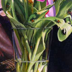Close up of the glass vase holding the bouquet of tulips where several Japanese beetles are visible
