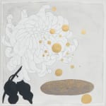 Mixed media piece of a huge black and white chrysanthemum at the left side of the piece breathing out variously shaped shiny gold colored bubbles. To the right of the flower, there is a floating puddle made up of multiple tiny gold colored dots