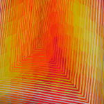 Detail; Wavy yellow, orange and red lines create a radiating "X", overlaid with radiating rectangles.