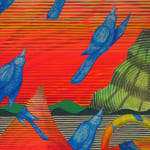 Detail; close view of darting blue birds and green mountain in distance.