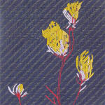 Heavily layered and textured paint on canvas creates a woven pattern of four yellow and white flower buds with thin red stems against a navy background The pattern is inspired by a dress worn by Michelle Obama in twenty sixteen