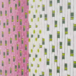 Detail; side view of dark green, light green, and gold horizontal stripes overlayed with vertical light pink, dark pink, and white bars.