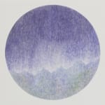 Large circular ballpoint pen drawing with washes of blue purple and green watercolor create a mountainous night time landscape with multiple stars. At the bottom of the piece various thoughts are written down in all caps and fill the entirety of the landscape