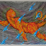 Orange and yellow striped creature floating over background of curved black and white striped lines as blue birds fly across.
