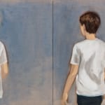 Two boys, one with red hair and one with brown hair, in white t-shirts facing away from the viewer towards blue wall. One boy is on each panel of the diptych.