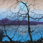Multiple silkscreen layers of black blue beige and purple form a constructed landscape of a burry and heavily pixelated riverbank with black silhouettes of two thin tree. In the background a large light blue circle alluding to a full moon floats in the beige and blue sky while another circle at the bottom represents its reflection in the water