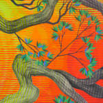 Detail; bright blue-green leaves sprout from gnarled tree branches in front of a neon yellow, orange, and red sunset made of overlapping ovals and wavy lines.