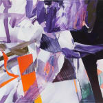 Abstract loose purple brushstrokes criss-cross the canvas, layering with sections of white, black and bright orange.