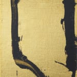 Gold leaf background with thick black brushstroke in the shape of vertical rectangle that is not completed.