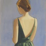 Faceless woman with hair in loose bun wears green backless dress and faces away from viewer to the left against blue and exposed canvas background. Most of her lower body is cropped out of the composition.