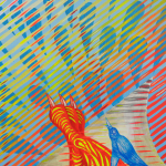 Detail; a fountain of blue-green teardrops shoots from the mouth of the vase, overlapped with red and yellow horizontal lines.