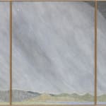5 vertical rectangular panels make up a large horizontal rectangular piece depicting a starry sky with a milky-white band in the center over a mountain range. The mountains are filled with written text