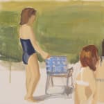 Young faceless girls in swimsuits, two seated and one standing, all face away from the viewer to the right. A blue lawn chair rests on the sand in front of a grassy background.