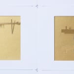 Detail; two of the gold rectangles on white background. Various cutouts and flaps on each rectangle.