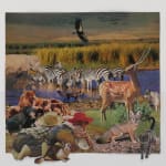 Collage featuring two little boys crouched on their elbows and knees looking at watering hole with many animals.