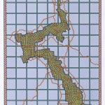 Large light blue squares surround the dark green geographic silhouette of Florida’s fifth voting district Thin yellow lines cut through the green while thin orange trails enter and exit the defined area