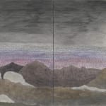 Panorama view of mountain scape with moon in purple night sky. The purple sky has words written into it.