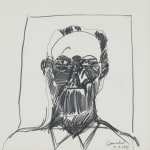 Black ink drawing on white paper of a man with glasses; heavy, erratic line work