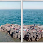 Diptych of people sunbathing on cliffs at Santa Cesarea Terme, southern Italy, with blue ocean in background, by Massimo Vitali