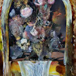 Abelardo Morell Flowers for Lisa #17 multiple exposures of floral illustrations and painting of a vase and corridor
