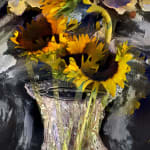 Abelardo Morell Flowers for Lisa #23 Four Sunflowers vase of sunflowers against dark painting multiple exposure photograph combining flowers and painting
