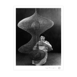 Imogen Cunningham, Ruth Asawa Kneeling Behind a Hanging Looped-Wire Sculpture, 1957