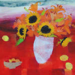 Caroline Bailey RSW, Sunflowers on yellow table