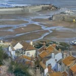 David Curtis ROI, RSMA, High viewpoint over Staithes harbour